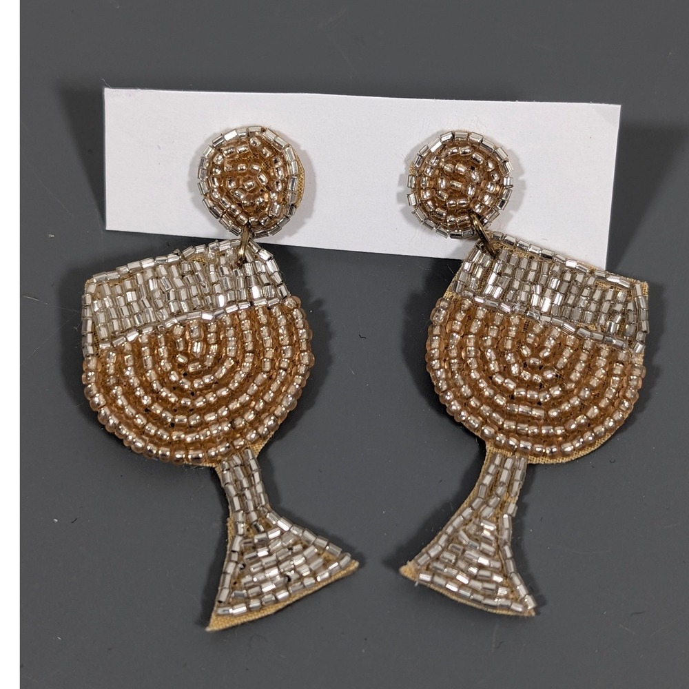 Beaded White Wine Glass Statement Earrings Champagne‎ Beige Dangle NWT